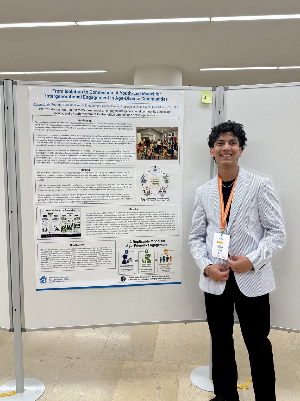 Ayaan Shah presenting the YouthConnect poster at the 3rd World Congress of Age-Friendly Cities and Communities in San Sebastián, Spain