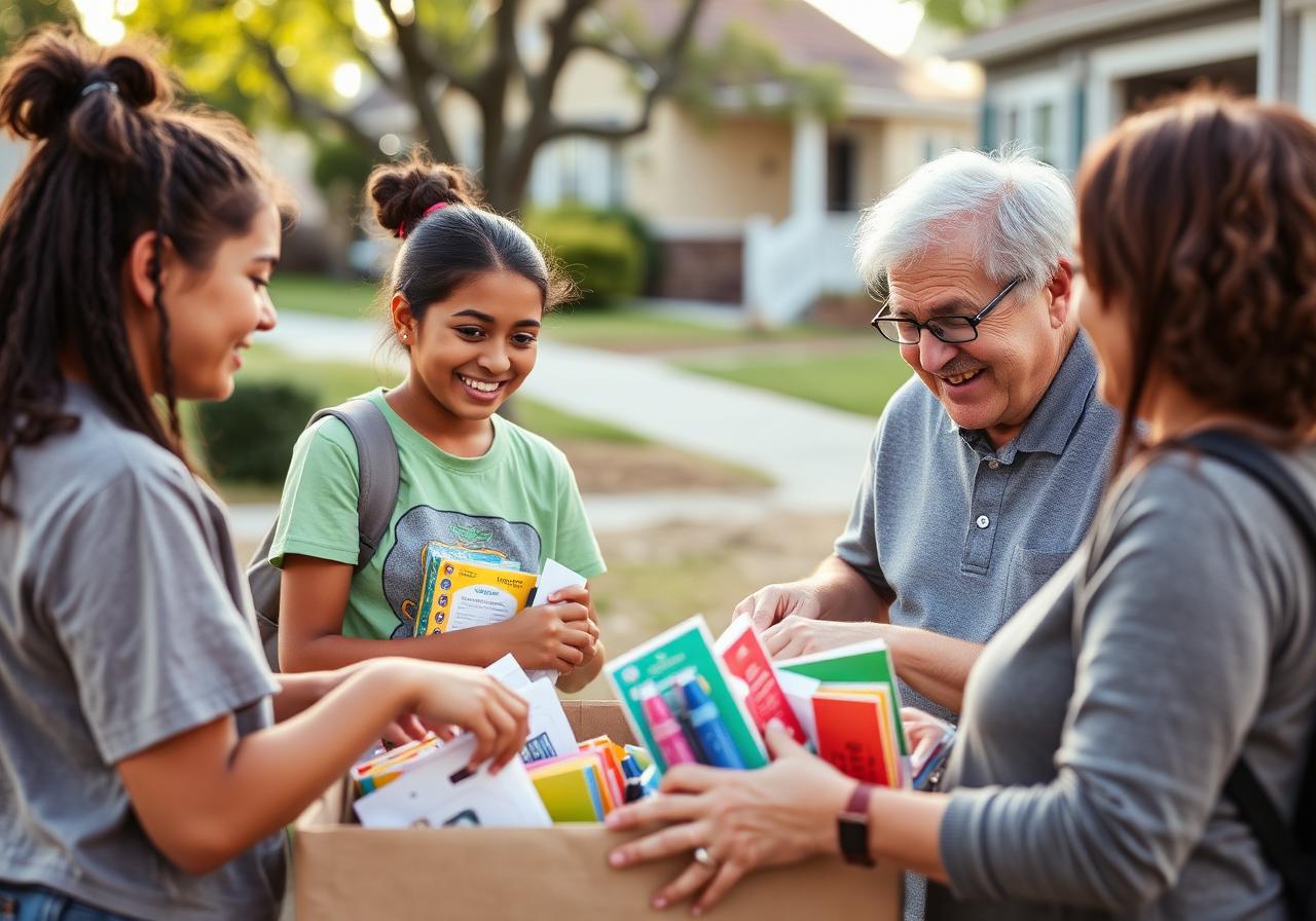 Youth and an older neighbor assembling a school supplies drive together